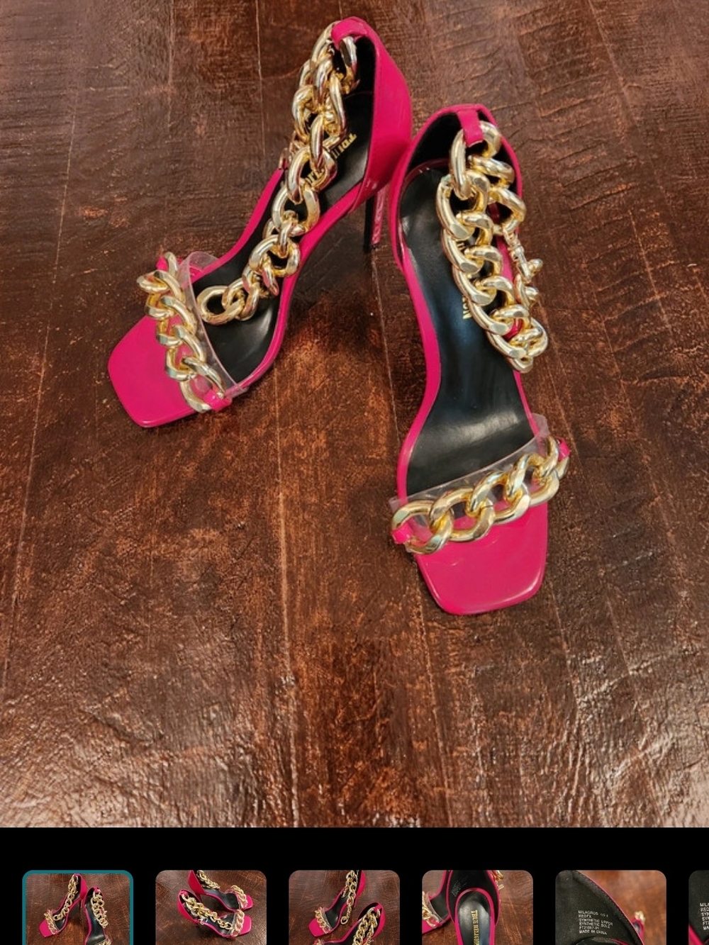 True Religion Hot Pink High Heels with Gold Chain Detail